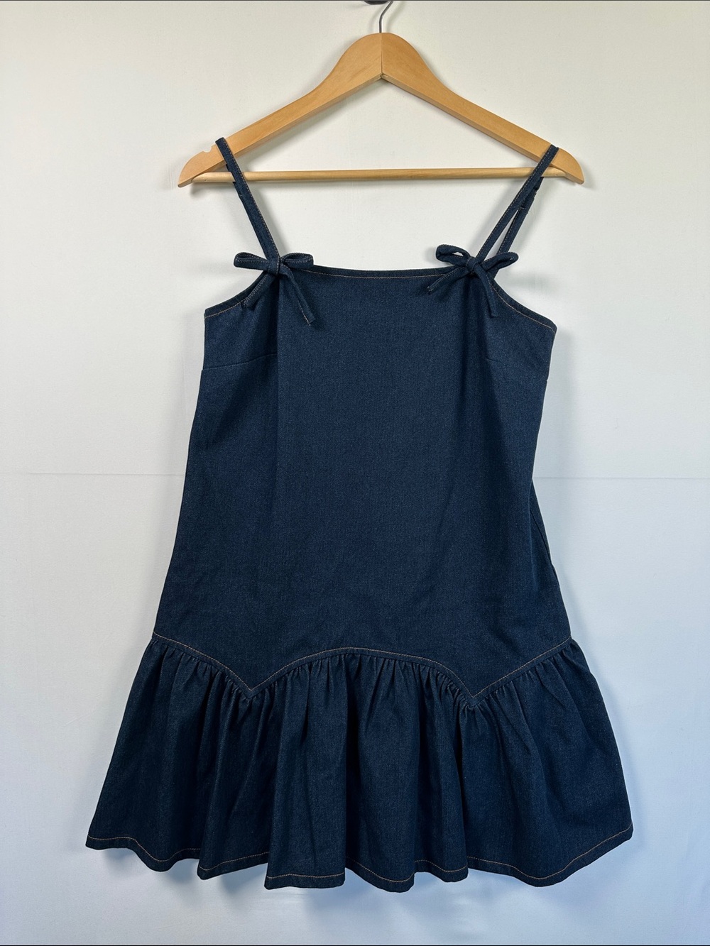 Avec Les Filles Denim Drop-Waist Ruffle Mini Dress Blue S